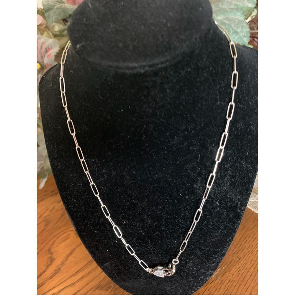 Paper Clip, Pave Heart W Claw Clasp Sterling Silver Necklace